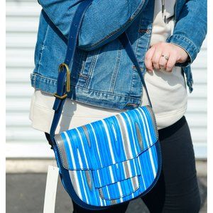 NWT Tory Burch Crescent Ink Blue Striped MODERN BUCKLE Saddle Bag